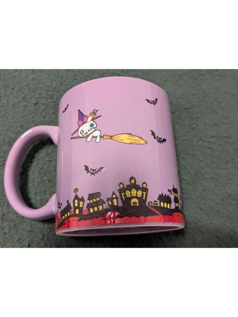 Disney Stitch Halloween Ceramic Mug 20 Oz Purple With Haunted House & Bat Design